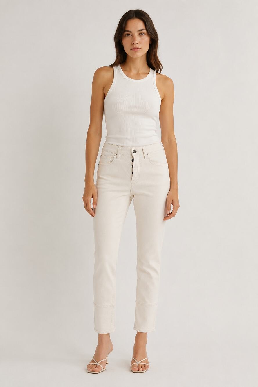 Marni Slim Leg Button Fly Ankle Jeans in Cream Khaki with Seam Detail, Size 30